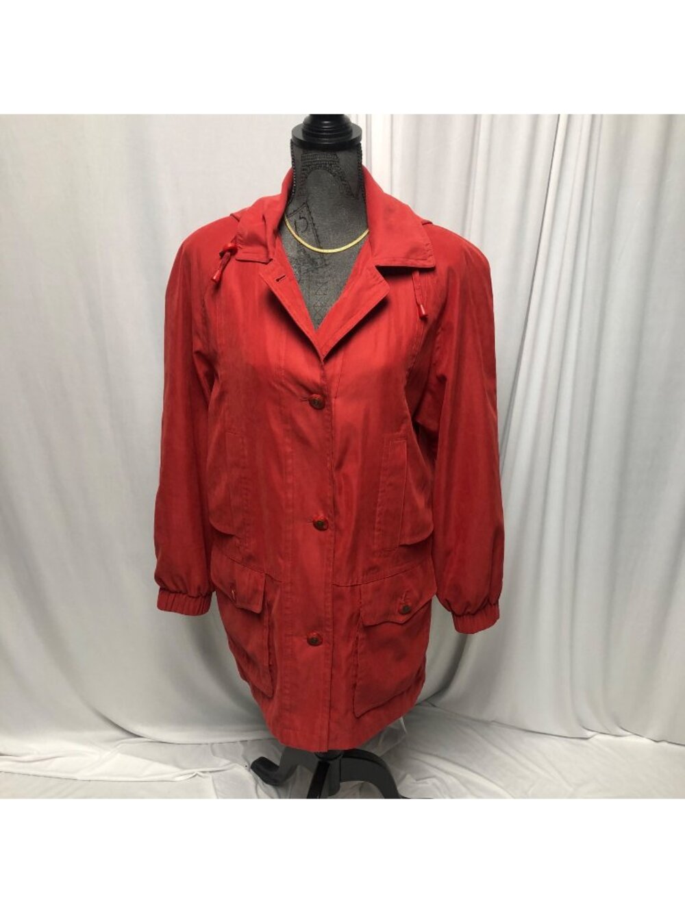 Gallery Womens Red Jacket Medium Button Up Coat Removable Hood Spring Fall